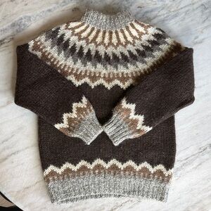 Handmade Nordic Fair Isle Wool Sweater, Brown Cream,Chunky Knit,Unisex XS/S